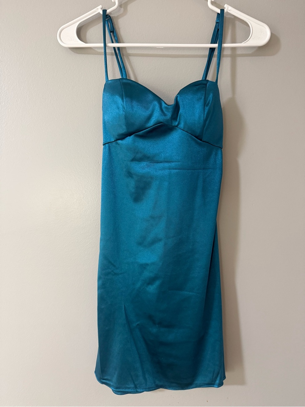 Teal Satin Spaghetti Strap Homecoming Mini Dress with Tie Back